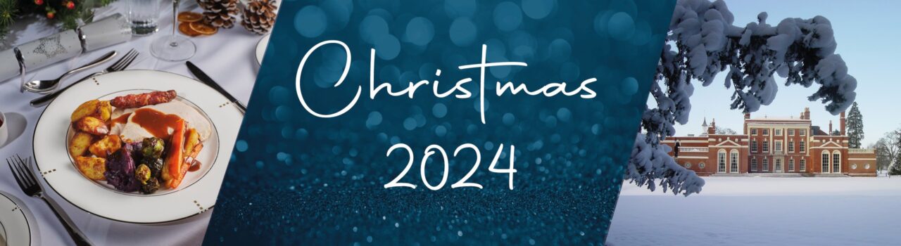 Banner image with three sections: a photo of a Christmas dinner main course (turkey etc), blue panel reading 'Christmas 2024', and a photo of Hinxton Hall in the snow.