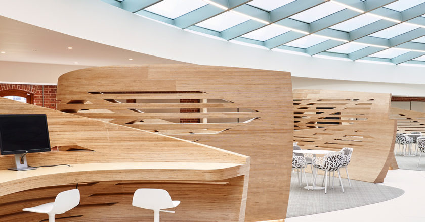 Slatted wooden 'wraps' in the Event Space, creating three separate sitting areas