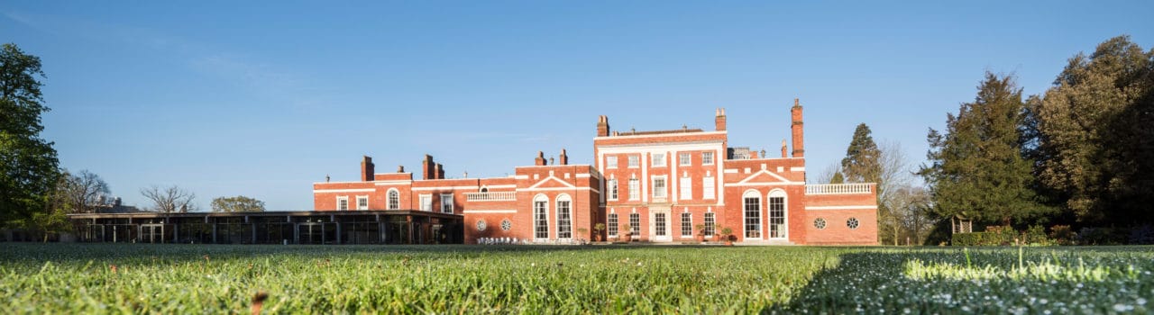HInxton Hall from back with dew 2560x700 Hinxton Hall viewed from back