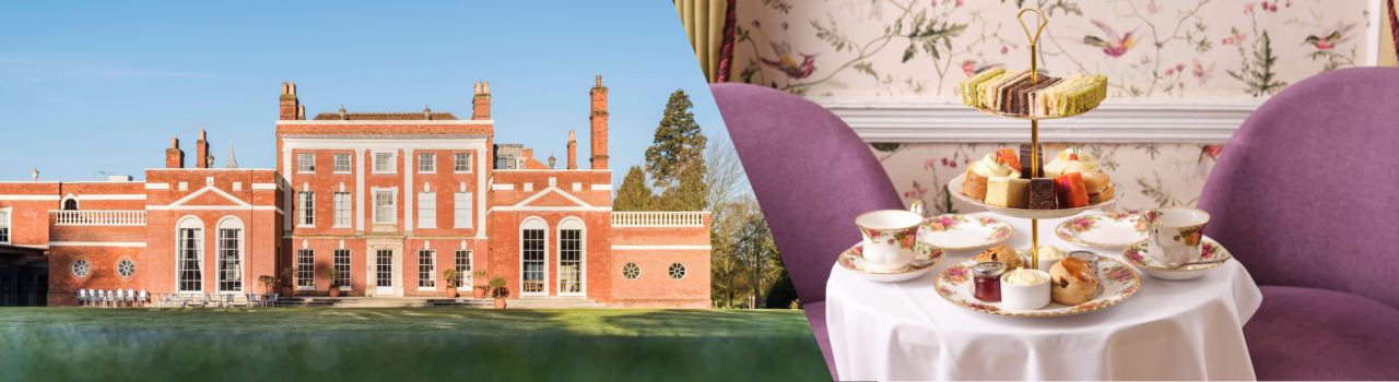 Image of Hinxton Hall from the lawns and of afternoon tea served on vintage crockery.