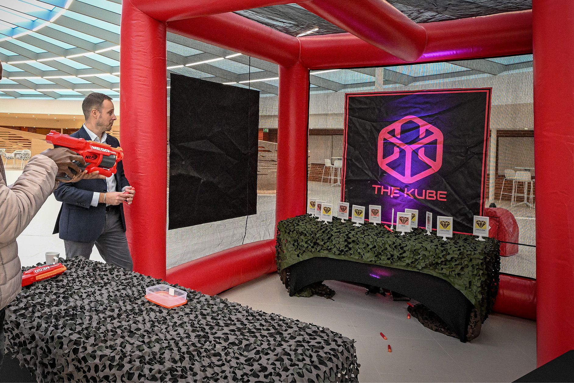 'The Kube' by Zing Events, with paper targets top be shot at with a Nerf gun