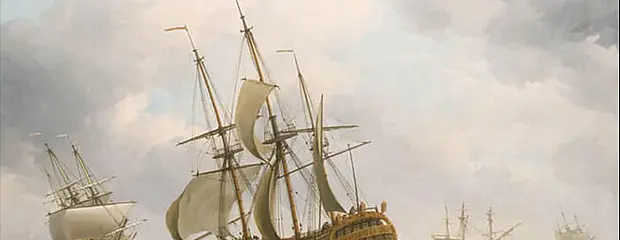 Eighteenth century oil painting of an East Indiaman sailing ship in rough water, three other sailing boats in background.