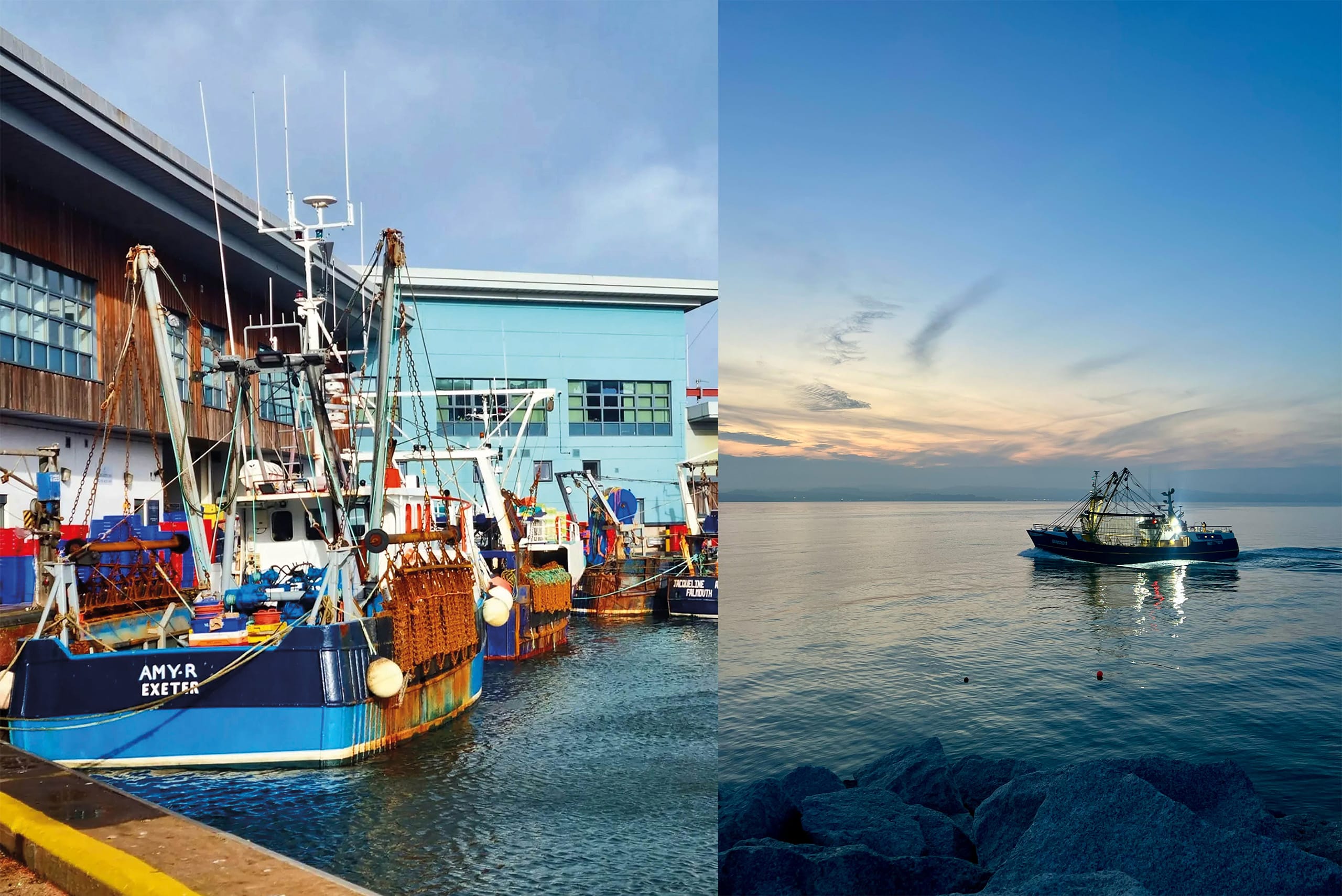 Left: Two fishing boats moored in Brixham harbour. One called Amy R, Exeter. Right: Brixham fishing boat 'Chloe of Ladram' going out to sea in the sunset. Left: Two fishing boats moored in Brixham harbour. One called Amy R, Exeter. Right: Brixham fishing boat 'Chloe of Ladram' going out to sea in the sunset.