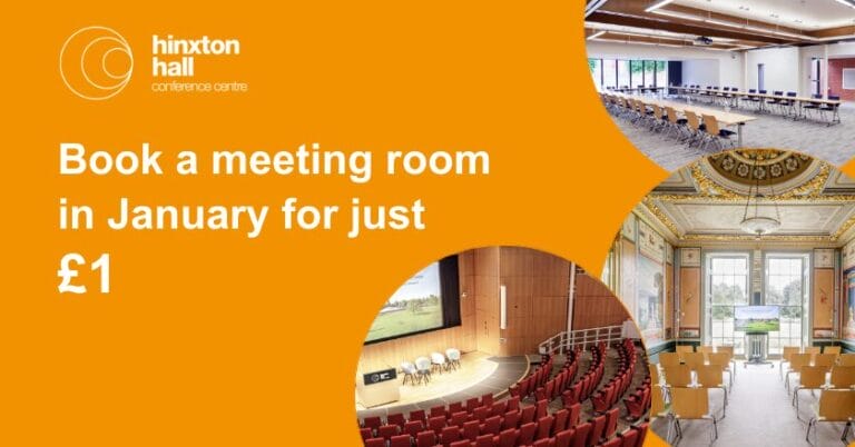 Book a meeting room in January for just £1! Three photos of meeting rooms: the auditorium, a period room, and a modern style room