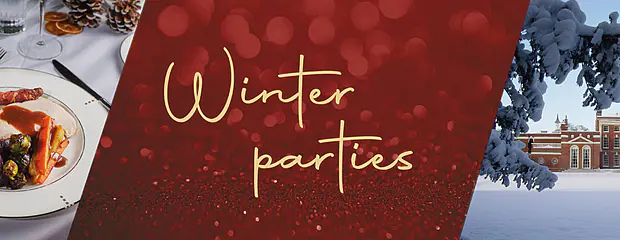 Text reads 'Winter parties'. Two photos: one of a plated Christmas dinner and another of Hinxton Hall in the snow.