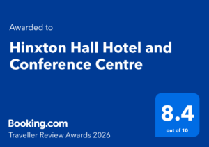 Awarded to Hinxton Hall Conference Centre, Booking.com Traveller Review Awards 2026: 8.4 out of 10