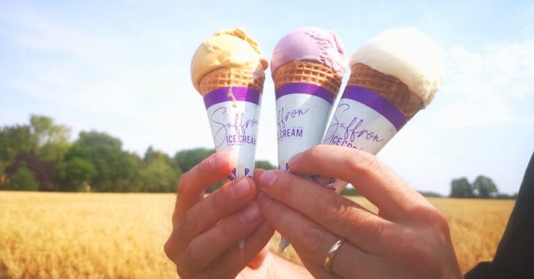 A pair of hands holding three flavours of Saffron Ice Cream in cones. There is a pretty field in the background.