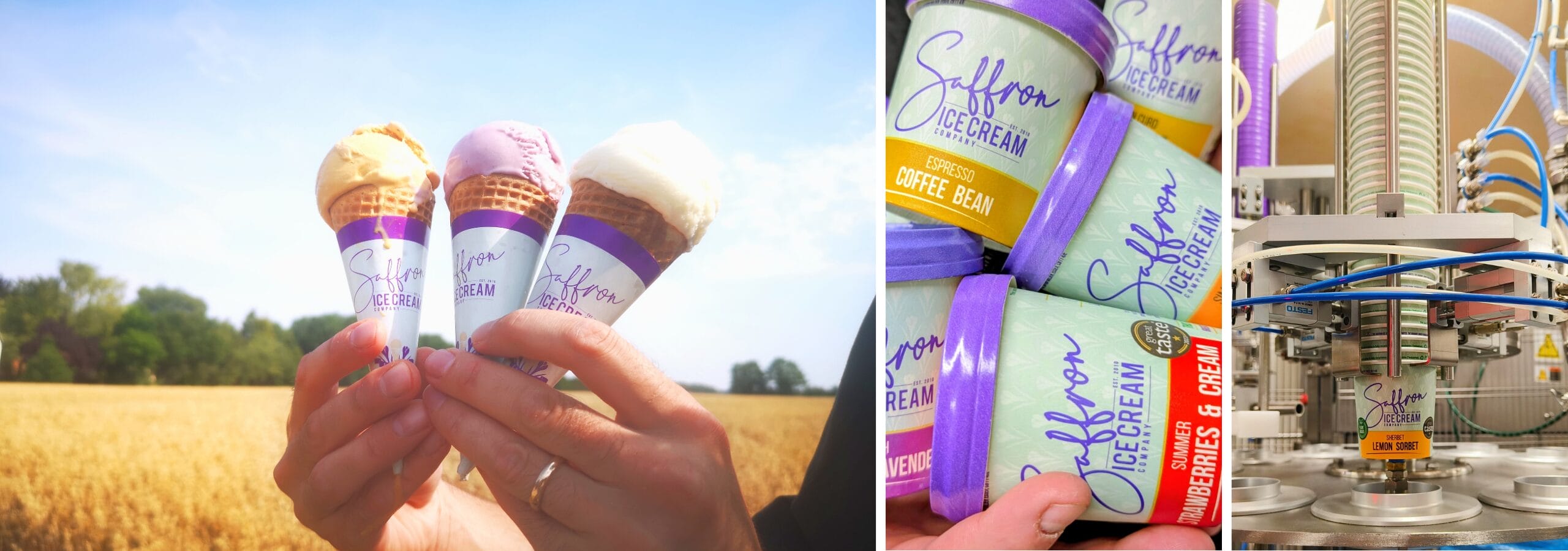 A collage of photos of Saffron Ice Cream, showing the cone and tub products alongside the manufacturing machine.