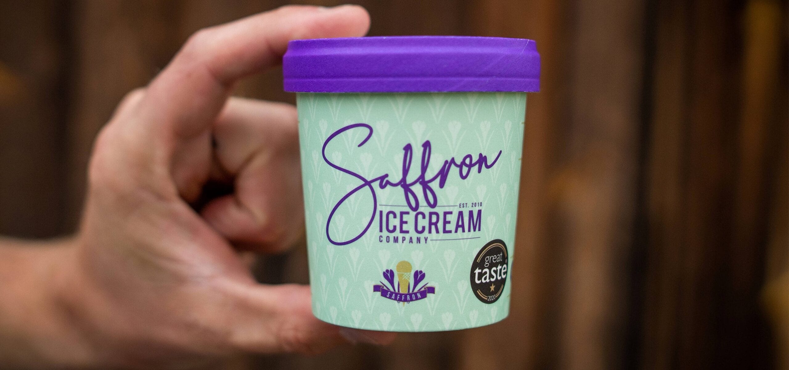 A close-up of a tub of Saffron Ice Cream, which has won a great taste award.