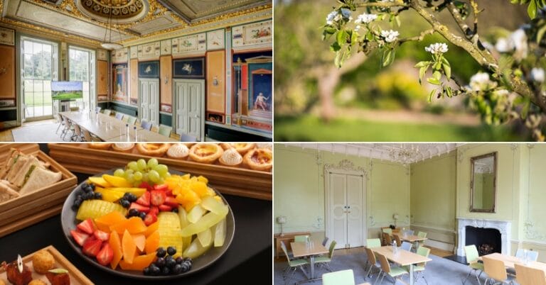 A photo collage showing rooms at Hinxton Hall, a lunch buffet and our outside space.