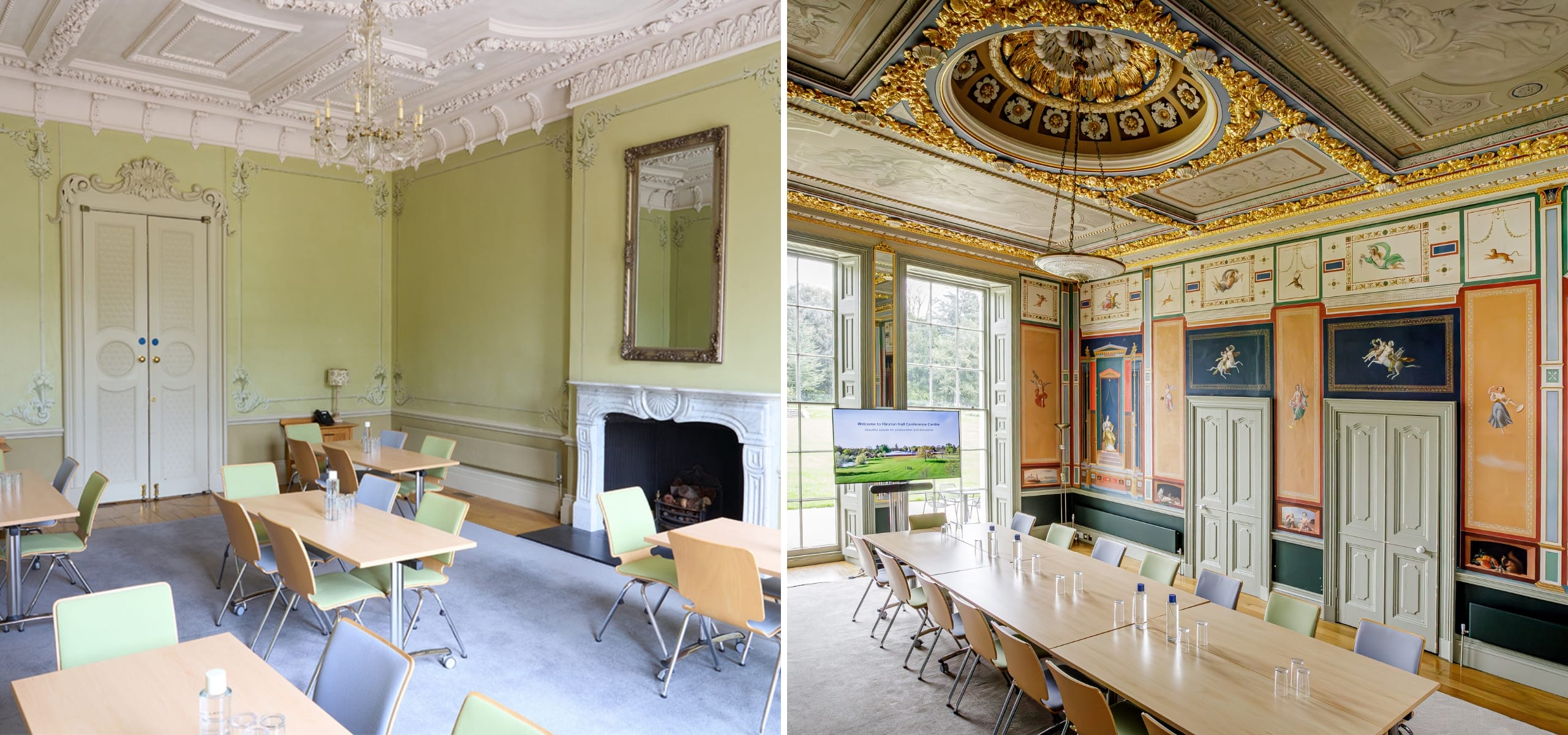 Two examples of meeting rooms at Hinxton Hall Conference Centre.
