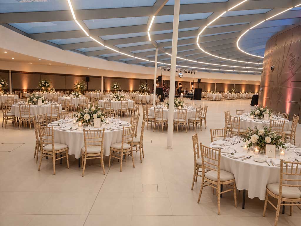 Our Event Space at Hinxton Hall, set up for a wedding breakfast