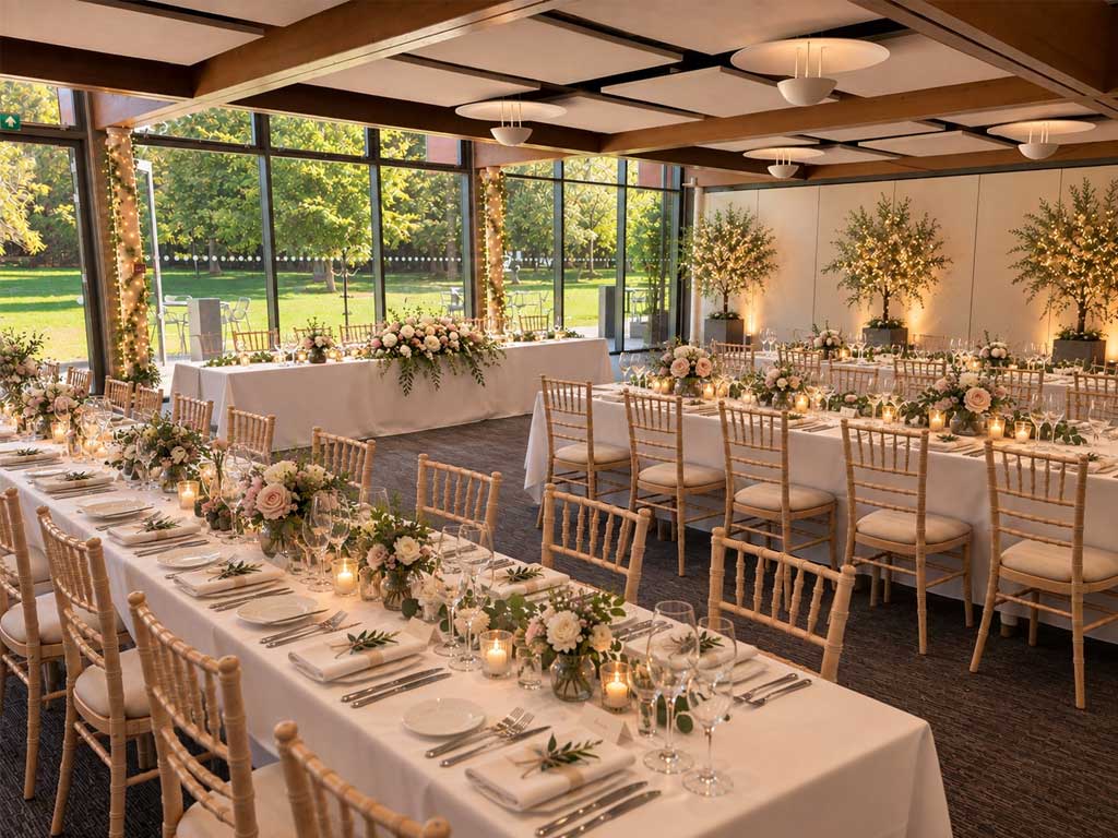 A photo illustrating what our Dining Room space could look like, set up for a wedding breakfast, with a head table along a glass wall, and long guest tables with flowers, glasses, and cutlery.